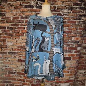 Blue Cat Print Long Sleeve Top Size Large